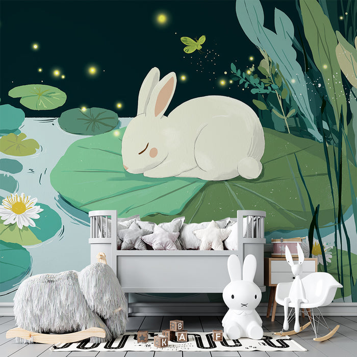Carta da parati bambini | Coniglio addormentato su una ninfea sotto le stelle