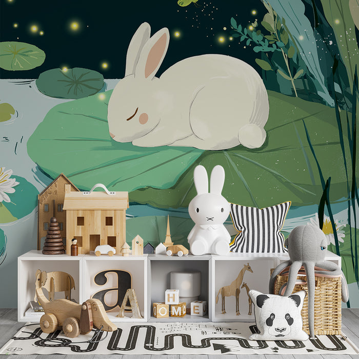 Carta da parati bambini | Coniglio addormentato su una ninfea sotto le stelle