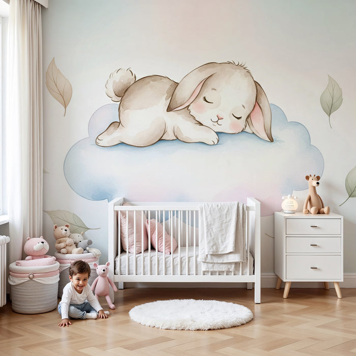 Papel de parede quarto bebê | Coelho dormindo em uma nuvem