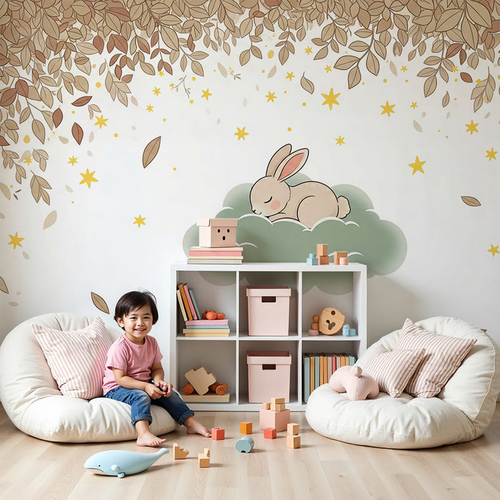 Papier peint chambre bébé | Lapin endormi sur un nuage