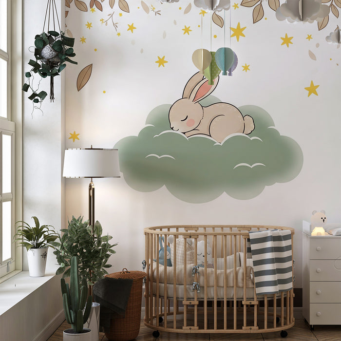 Papier peint chambre bébé | Lapin endormi sur un nuage