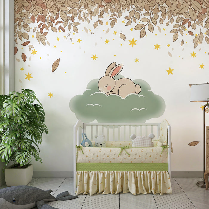 Papier peint chambre bébé | Lapin endormi sur un nuage