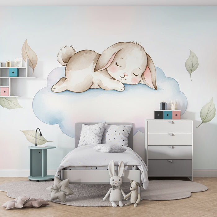 Papel de parede quarto bebê | Coelho dormindo em uma nuvem