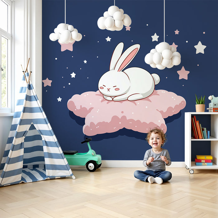 Nursery room wallpaper | Sleeping bunny on a starry cloud
