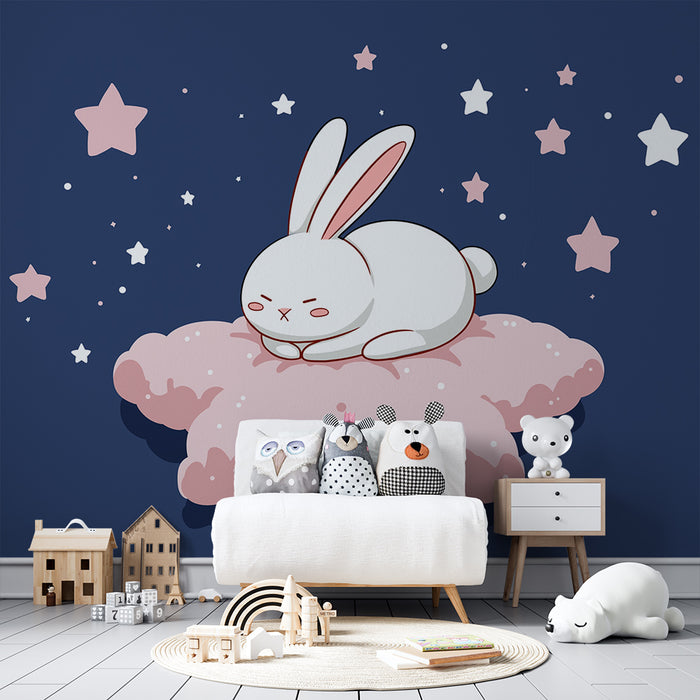 Nursery room wallpaper | Sleeping bunny on a starry cloud