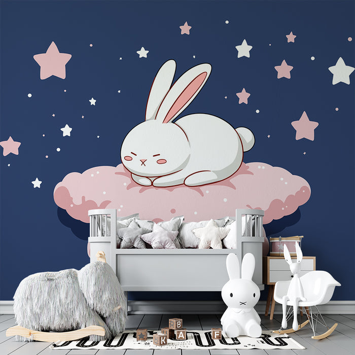 Nursery room wallpaper | Sleeping bunny on a starry cloud