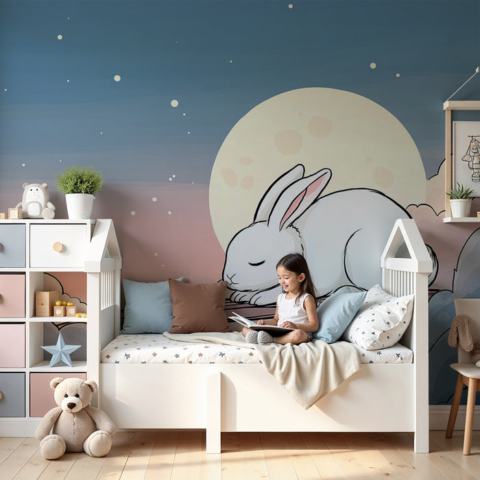 Lastenhuoneen tapetti | Uninen pupu pilven päällä kuun alla