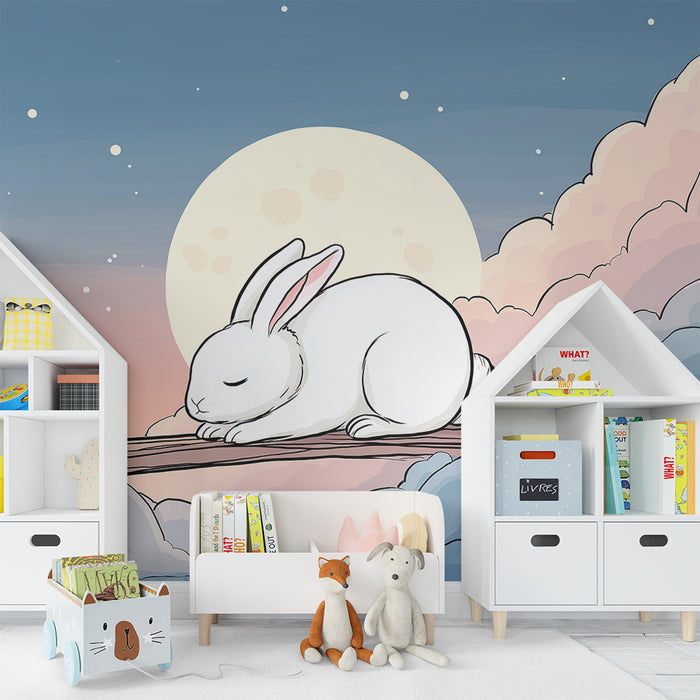 Lastenhuoneen tapetti | Uninen pupu pilven päällä kuun alla