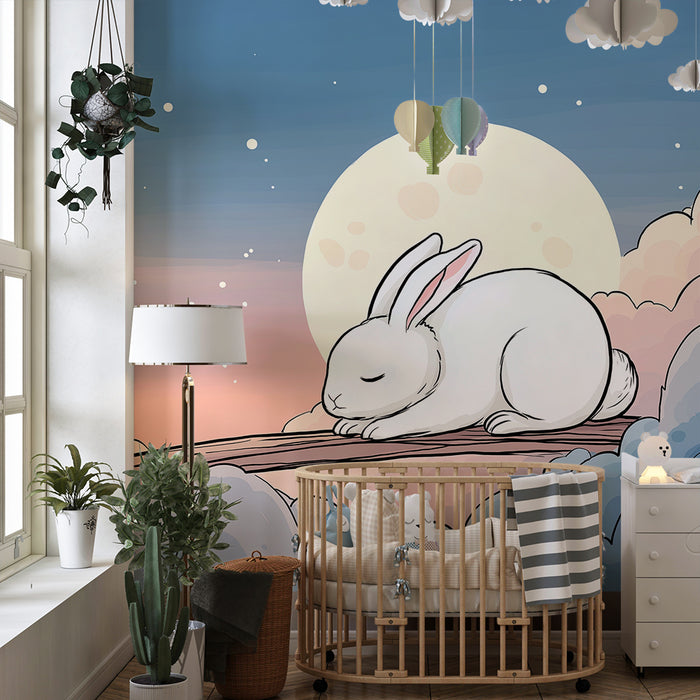 Lastenhuoneen tapetti | Uninen pupu pilven päällä kuun alla