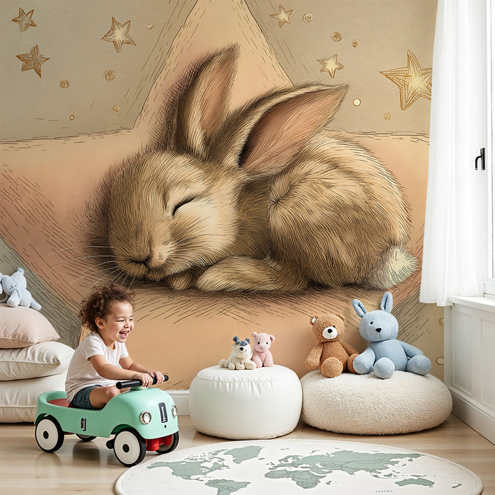 Nursery room wallpaper | Sleepy rabbit on a golden star