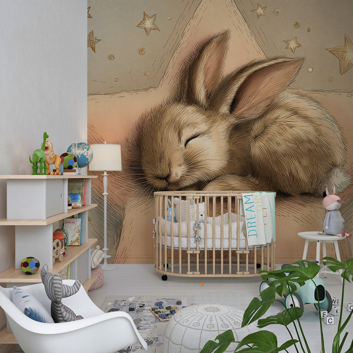 Nursery room wallpaper | Sleepy rabbit on a golden star