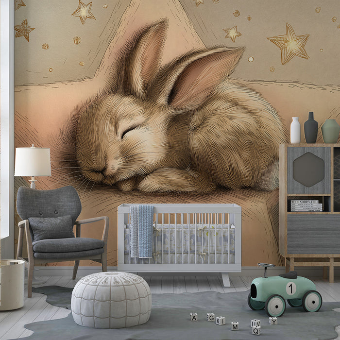 Nursery room wallpaper | Sleepy rabbit on a golden star