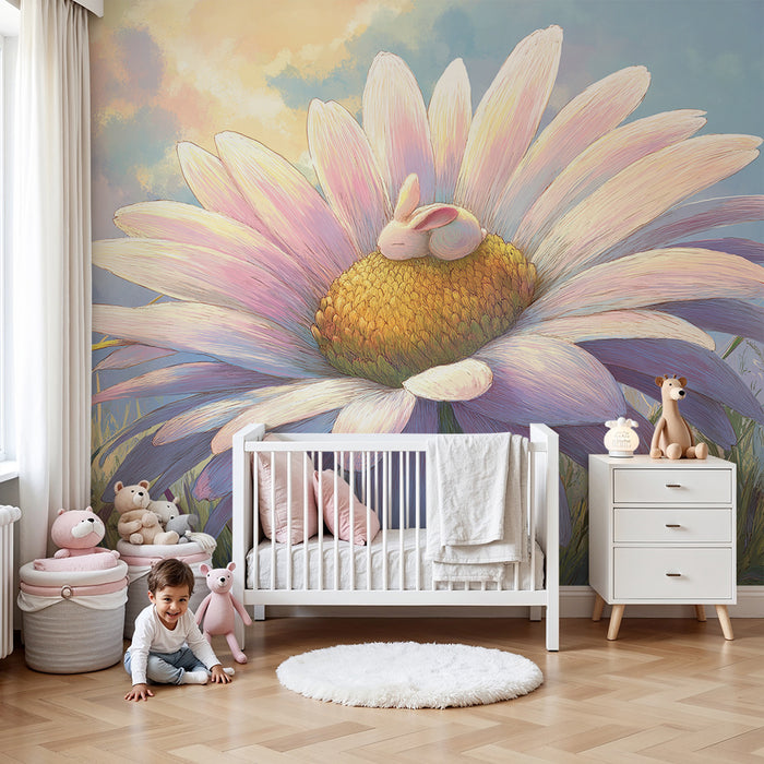 Nursery room wallpaper | Sleeping rabbit on a giant flower in a fairy-tale landscape
