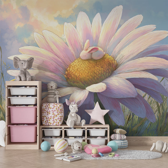 Nursery room wallpaper | Sleeping rabbit on a giant flower in a fairy-tale landscape