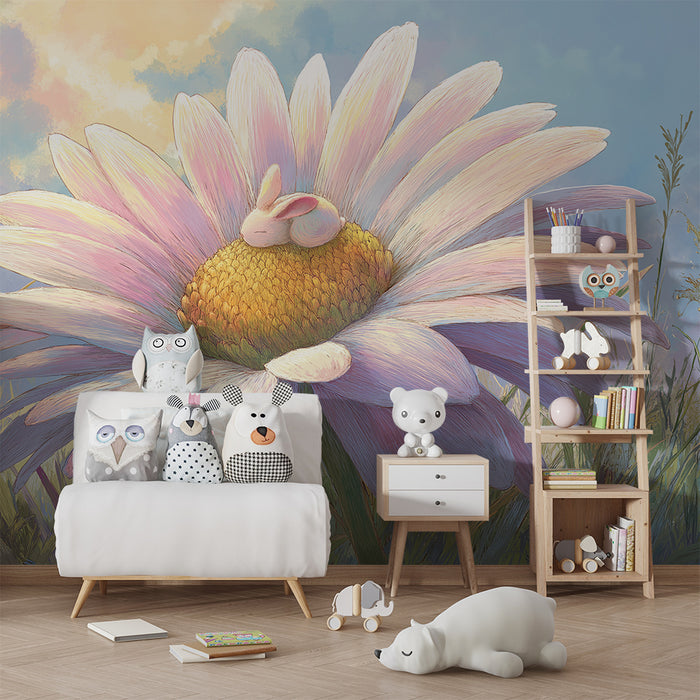 Nursery room wallpaper | Sleeping rabbit on a giant flower in a fairy-tale landscape
