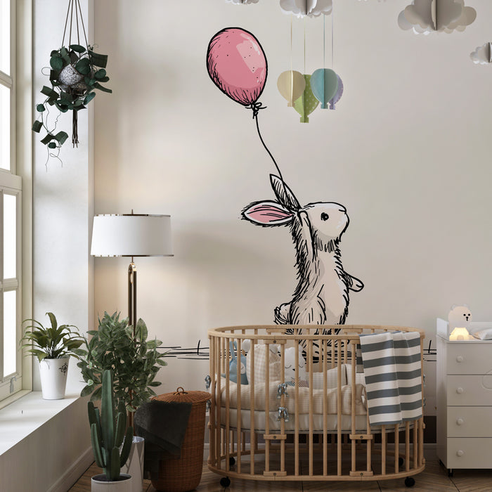 Papier peint chambre bébé | Lapin espiègle avec ballon rose