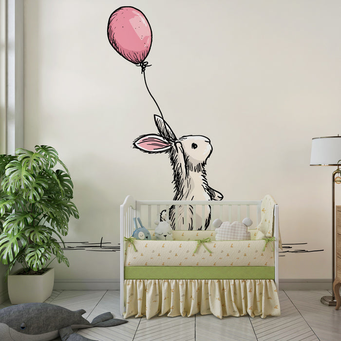 Papier peint chambre bébé | Lapin espiègle avec ballon rose