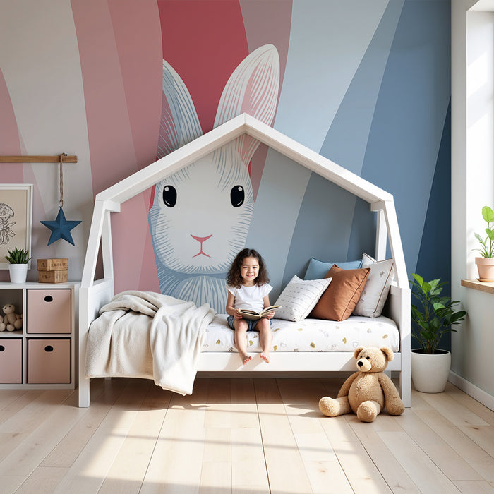 Nursery room wallpaper | Playful rabbit hidden behind colorful waves