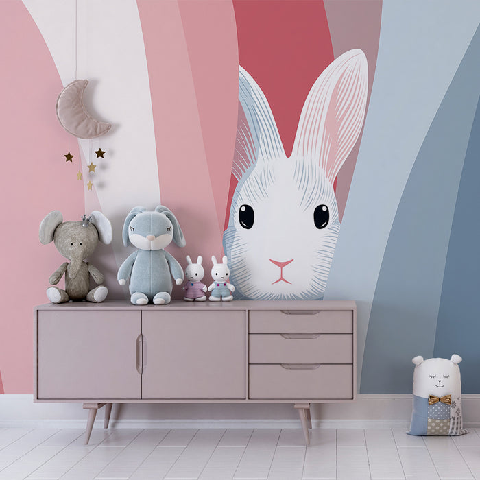 Nursery room wallpaper | Playful rabbit hidden behind colorful waves