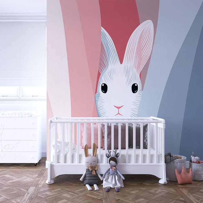 Nursery room wallpaper | Playful rabbit hidden behind colorful waves