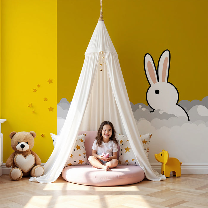 Papier peint chambre bébé | Lapin espiègle émergeant des nuages