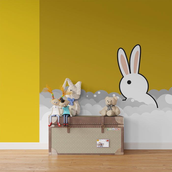 Papier peint chambre bébé | Lapin espiègle émergeant des nuages