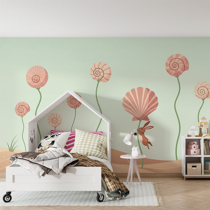 Papel de parede para quarto de bebé | Coelho brincalhão e conchas coloridas numa paisagem suave