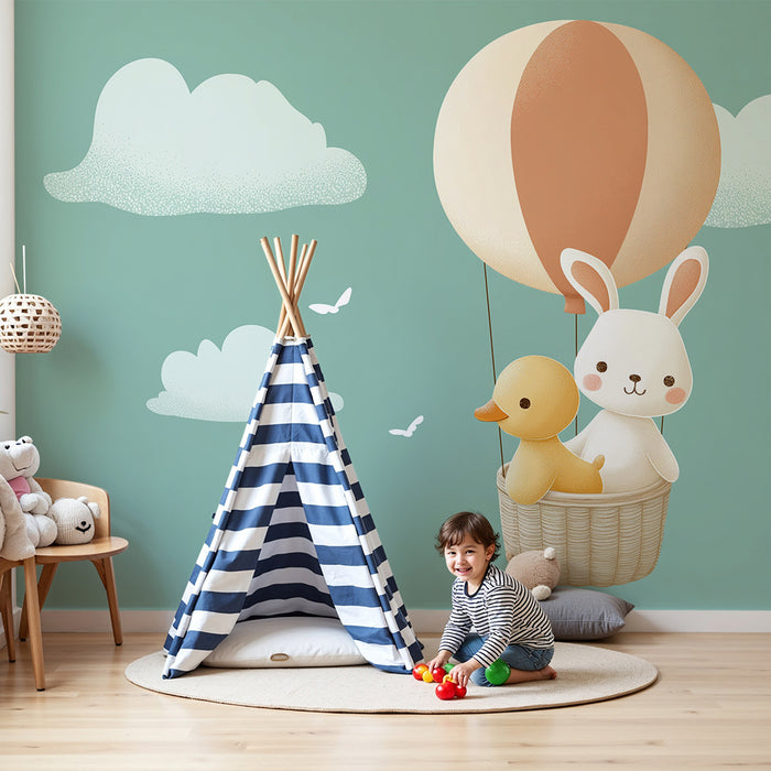 Papier peint chambre bébé | Lapin et canard en montgolfière au milieu des nuages