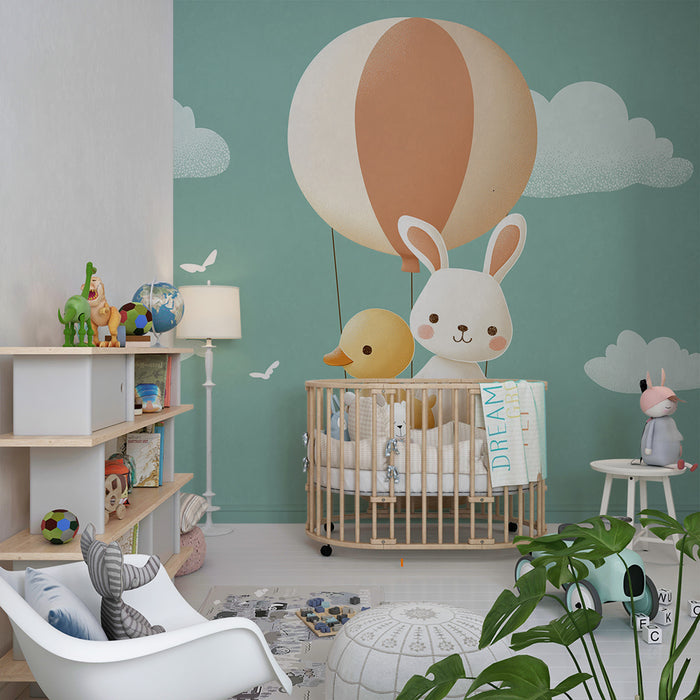 Papier peint chambre bébé | Lapin et canard en montgolfière au milieu des nuages