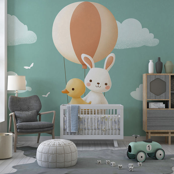 Papier peint chambre bébé | Lapin et canard en montgolfière au milieu des nuages