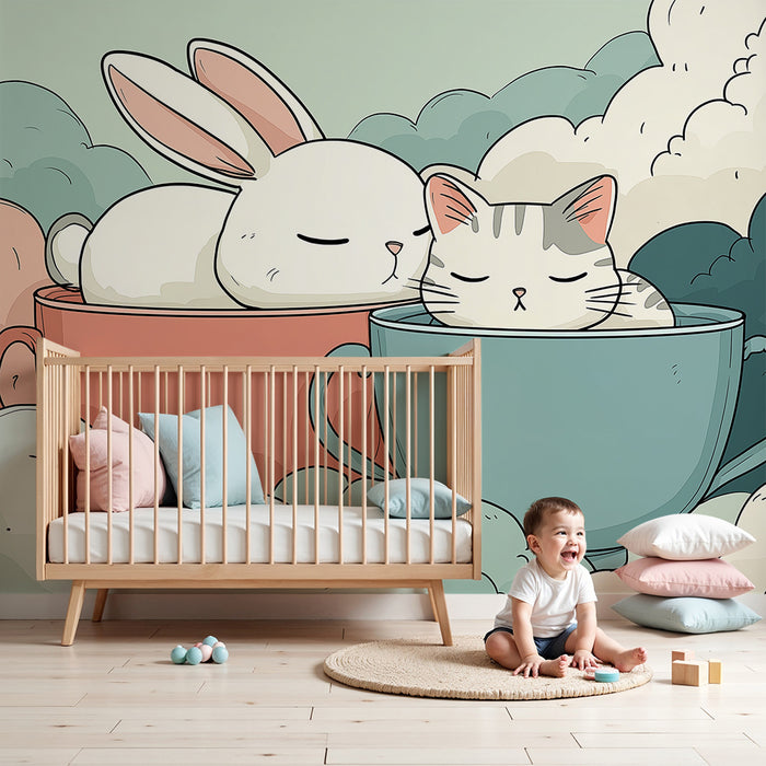 Nursery room wallpaper | Sleeping bunny and kitten in cozy mugs