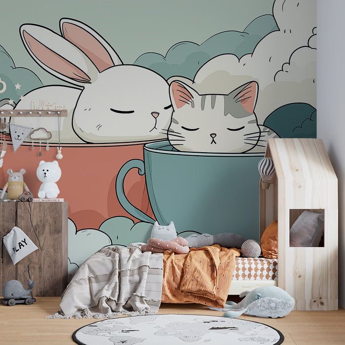 Nursery room wallpaper | Sleeping bunny and kitten in cozy mugs