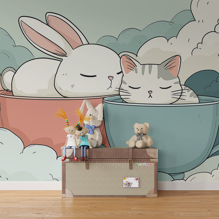 Nursery room wallpaper | Sleeping bunny and kitten in cozy mugs