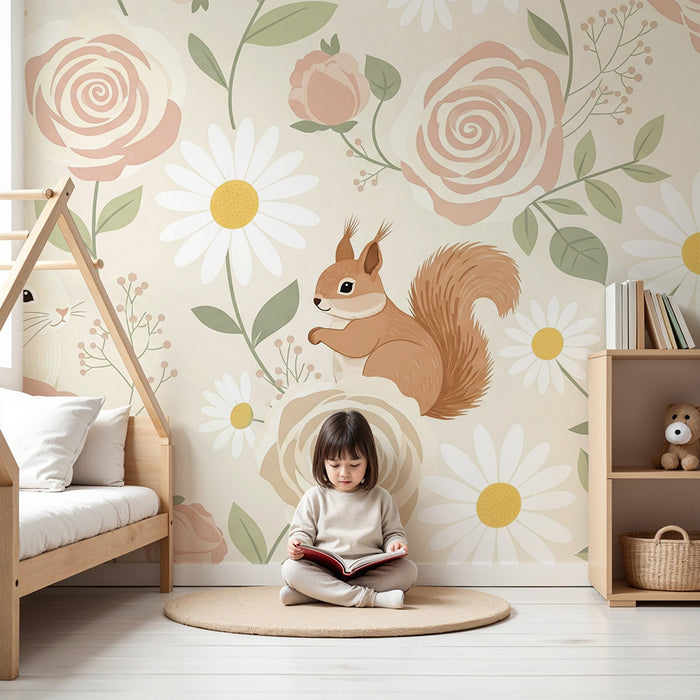 Barntapet | Kanin och ekorre mitt i blommor på beige bakgrund