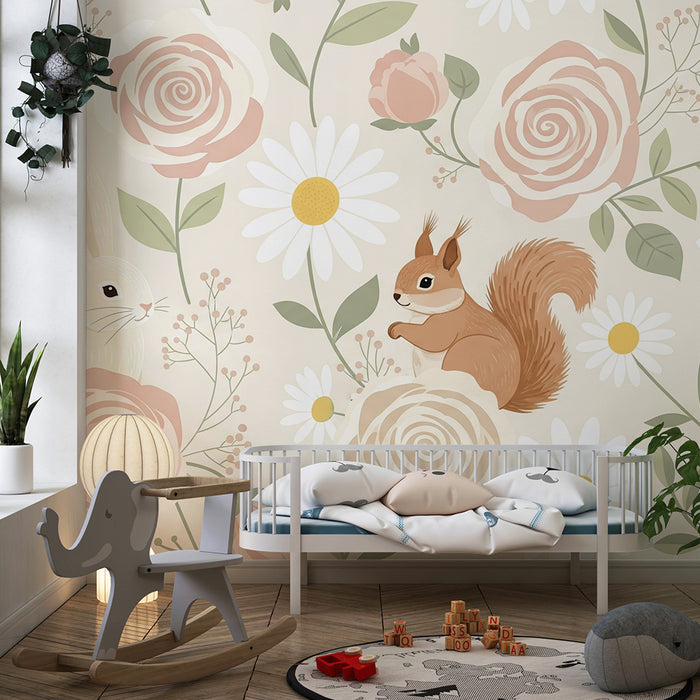 Barntapet | Kanin och ekorre mitt i blommor på beige bakgrund