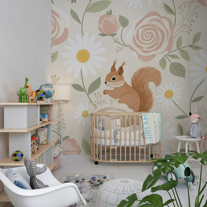 Barntapet | Kanin och ekorre mitt i blommor på beige bakgrund