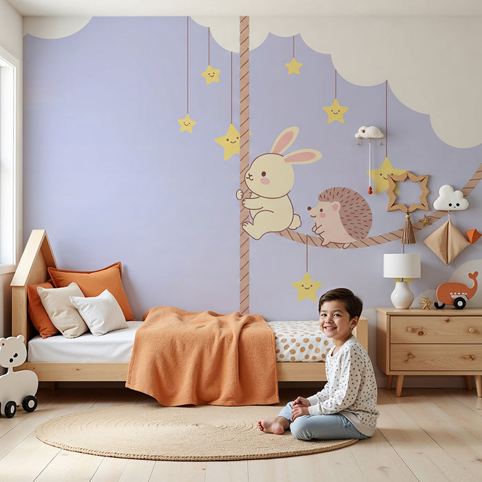 Babyzimmer-Tapete | Hase und Igel unter Sternenhimmel