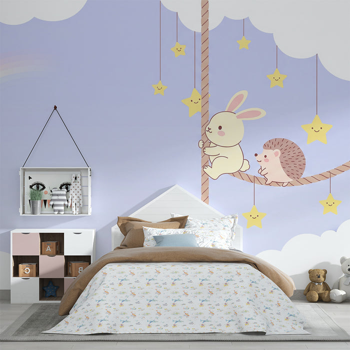 Babyzimmer-Tapete | Hase und Igel unter Sternenhimmel
