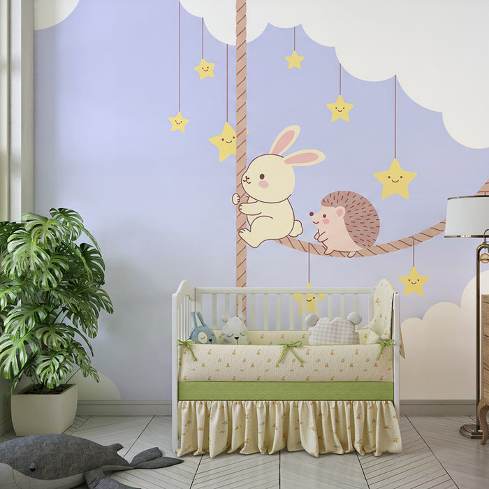 Babyzimmer-Tapete | Hase und Igel unter Sternenhimmel