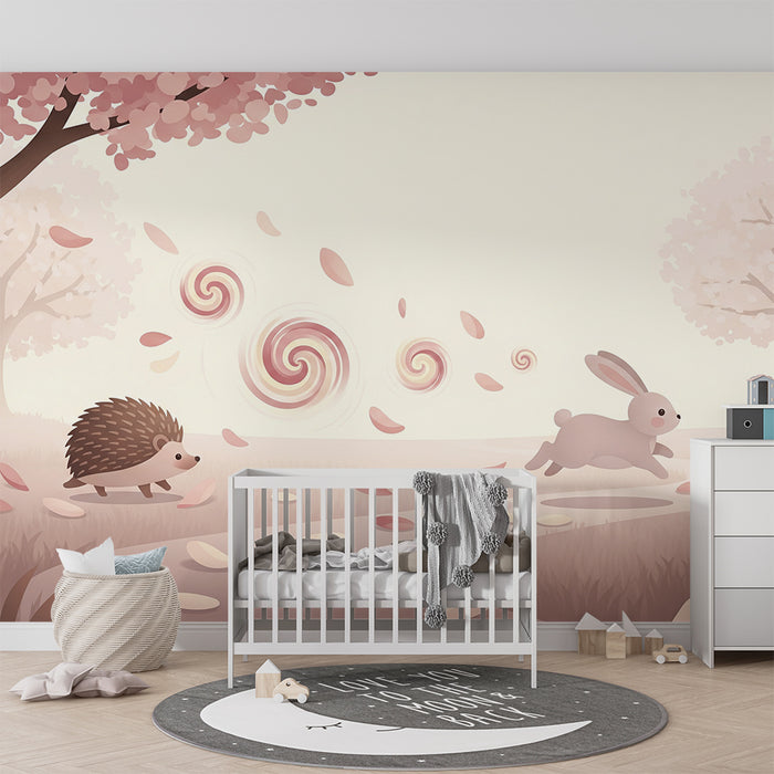 Papel pintado infantil | Conejo y erizo en un paisaje suave y floral