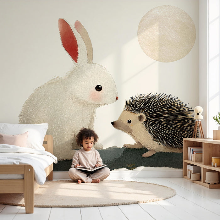 Papier peint chambre bébé | Lapin et hérisson sous la lune