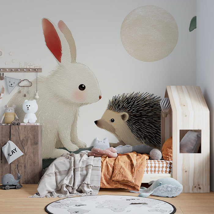 Papier peint chambre bébé | Lapin et hérisson sous la lune