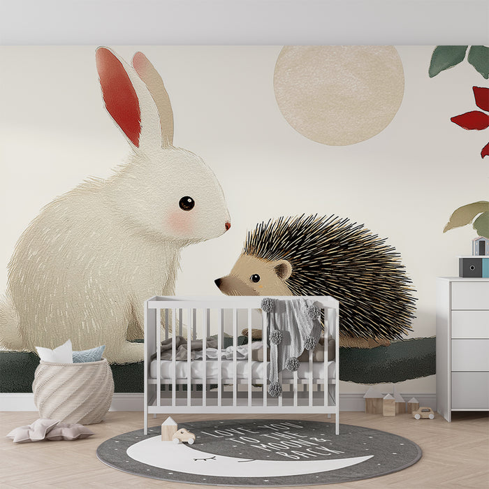 Papier peint chambre bébé | Lapin et hérisson sous la lune