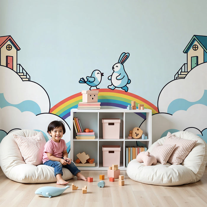 Papel de parede para quarto de bebé | Coelho e pássaro num arco-íris num céu nublado