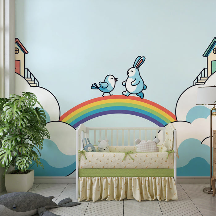 Papel de parede para quarto de bebé | Coelho e pássaro num arco-íris num céu nublado