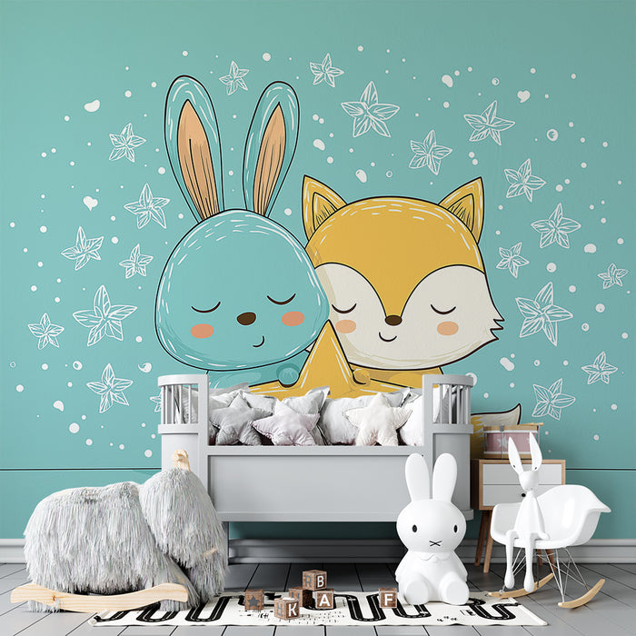 Nursery room wallpaper | Rabbit and fox cuddling under a starry sky
