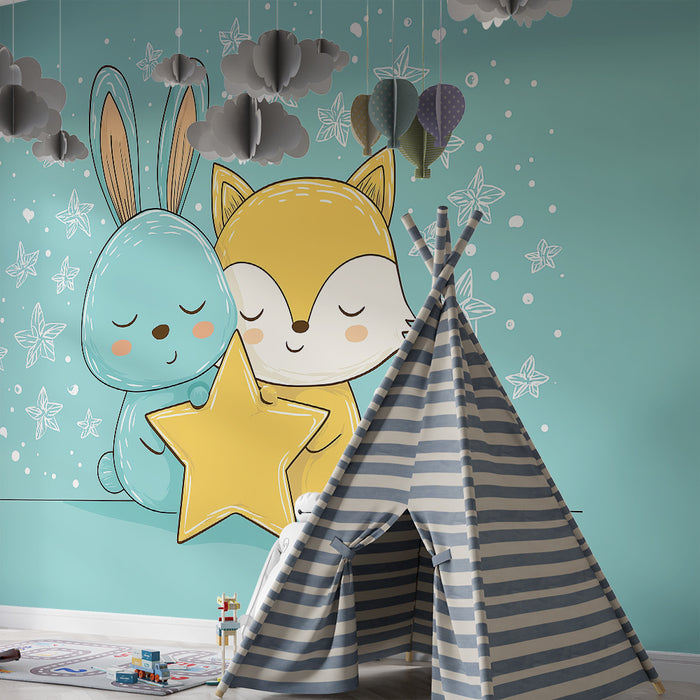 Nursery room wallpaper | Rabbit and fox cuddling under a starry sky