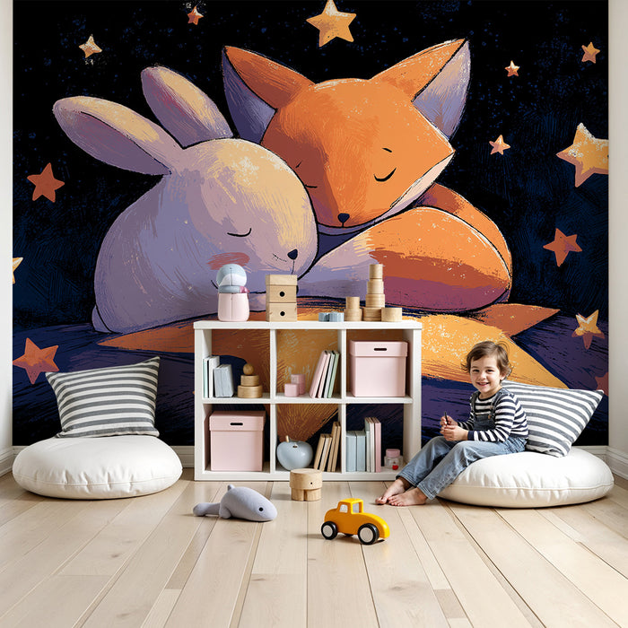 Nursery room wallpaper | Sleeping rabbit and fox under the stars