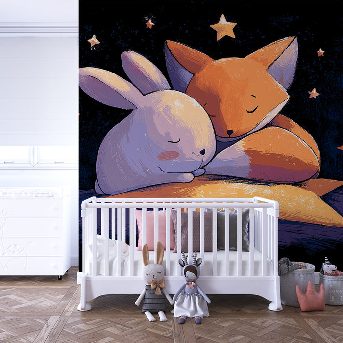 Nursery room wallpaper | Sleeping rabbit and fox under the stars