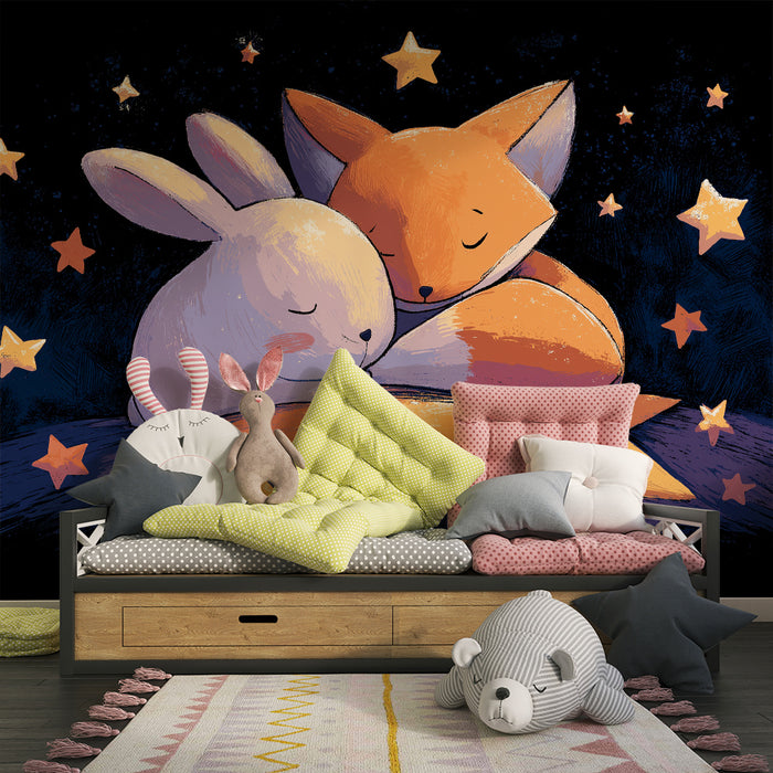 Nursery room wallpaper | Sleeping rabbit and fox under the stars